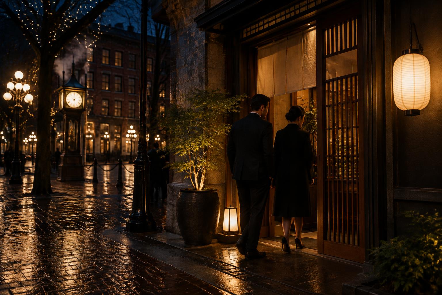 A couple arriving at an intimate Vancouver restaurant on a rainy evening