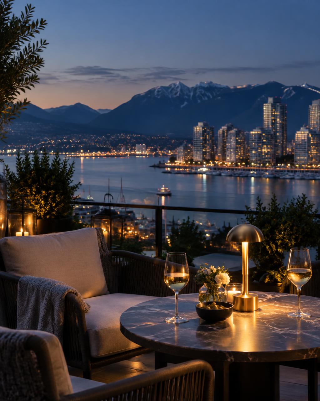 Vancouver waterfront and mountains at blue hour